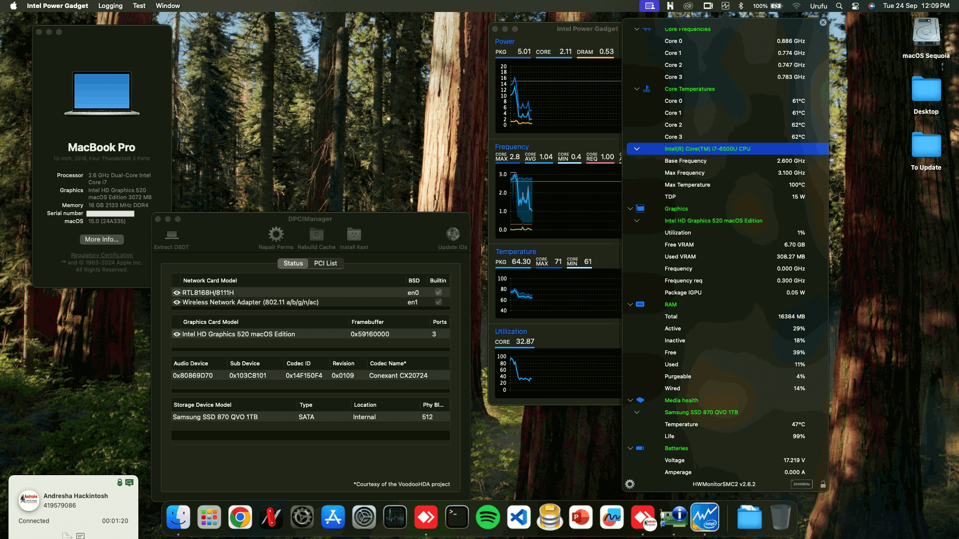 Success Hackintosh macOS Sequoia 15.0 Build 24A335 in HP ProBook 450 G3